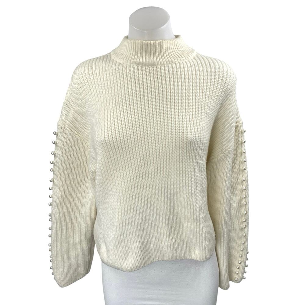 H&M Women's Cream Long Sleeve Pearl Beaded Turtleneck Knit Sweater Top Size XS